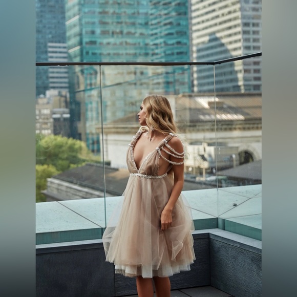 Beige cocktail dress, Beaded evening Midi dress, Airy Party dress,Wedding beige - Picture 12 of 14